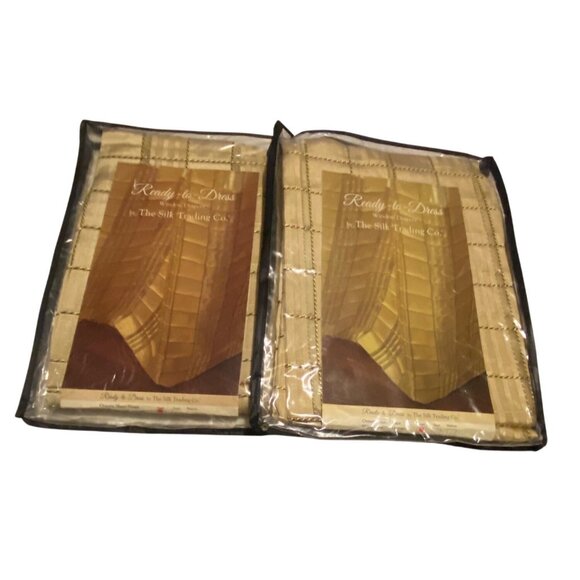 Set of 2 Gold/Cream 100% Sheer Silk Grid Window Curtain Panels 50” X 84” Drapery - Picture 1 of 12